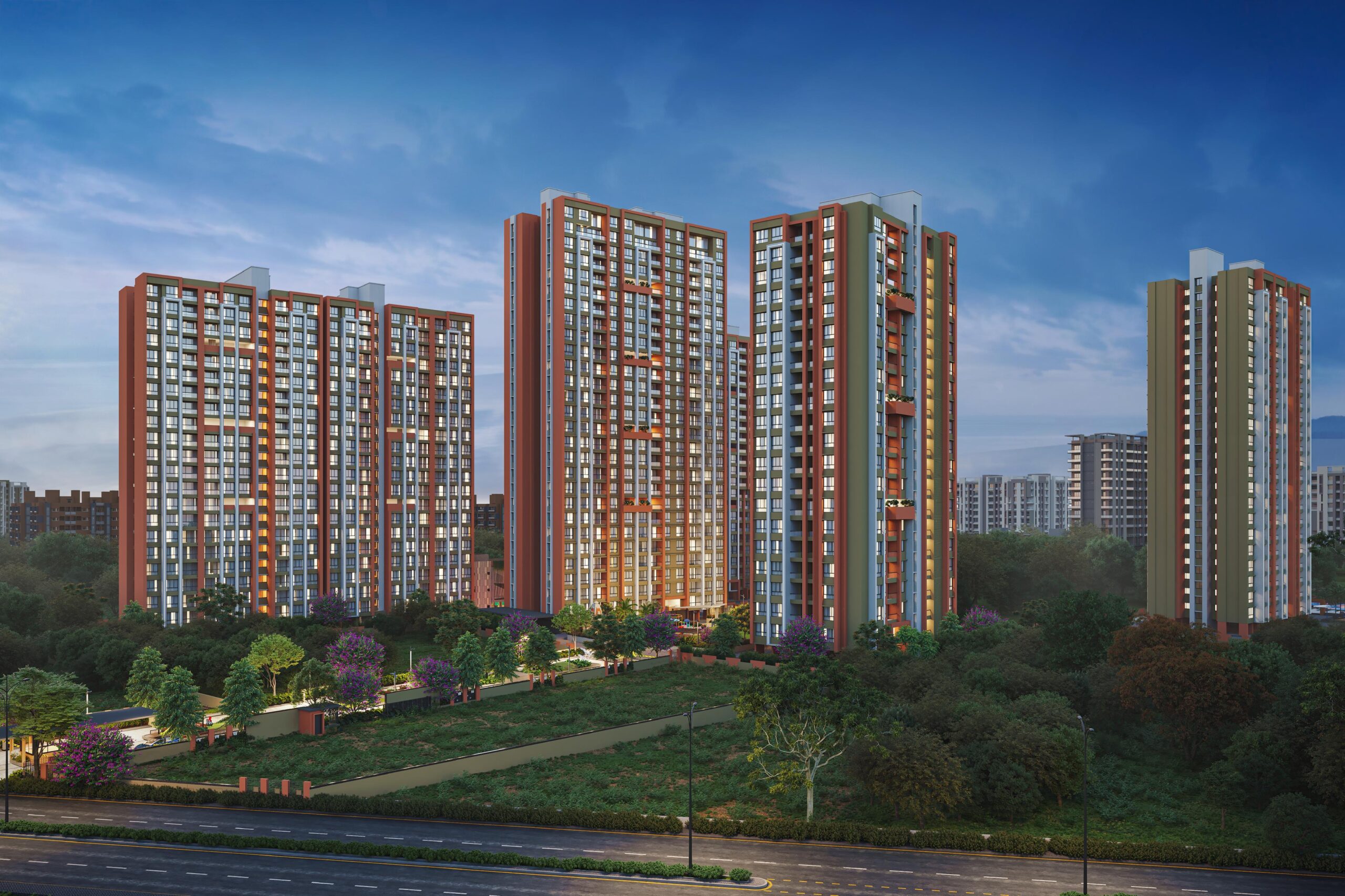 Prism City Charholi apartment building exterior view 2 BHK flats in Charholi Pune living room interior Prism City amenities gym and fitness center Children play area in Prism City Charholi project Landscaped garden at Prism City Pune